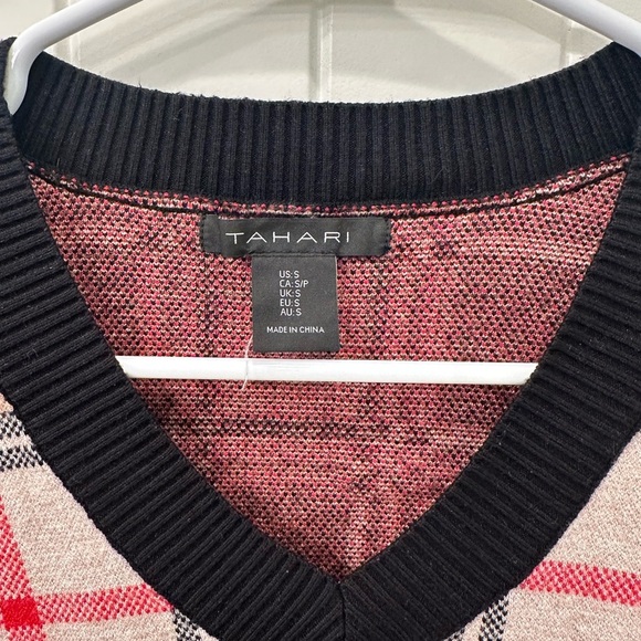 Tahari Women's V-Neck Plaid Sweater - Black, Tan and Red - Picture 2 of 3